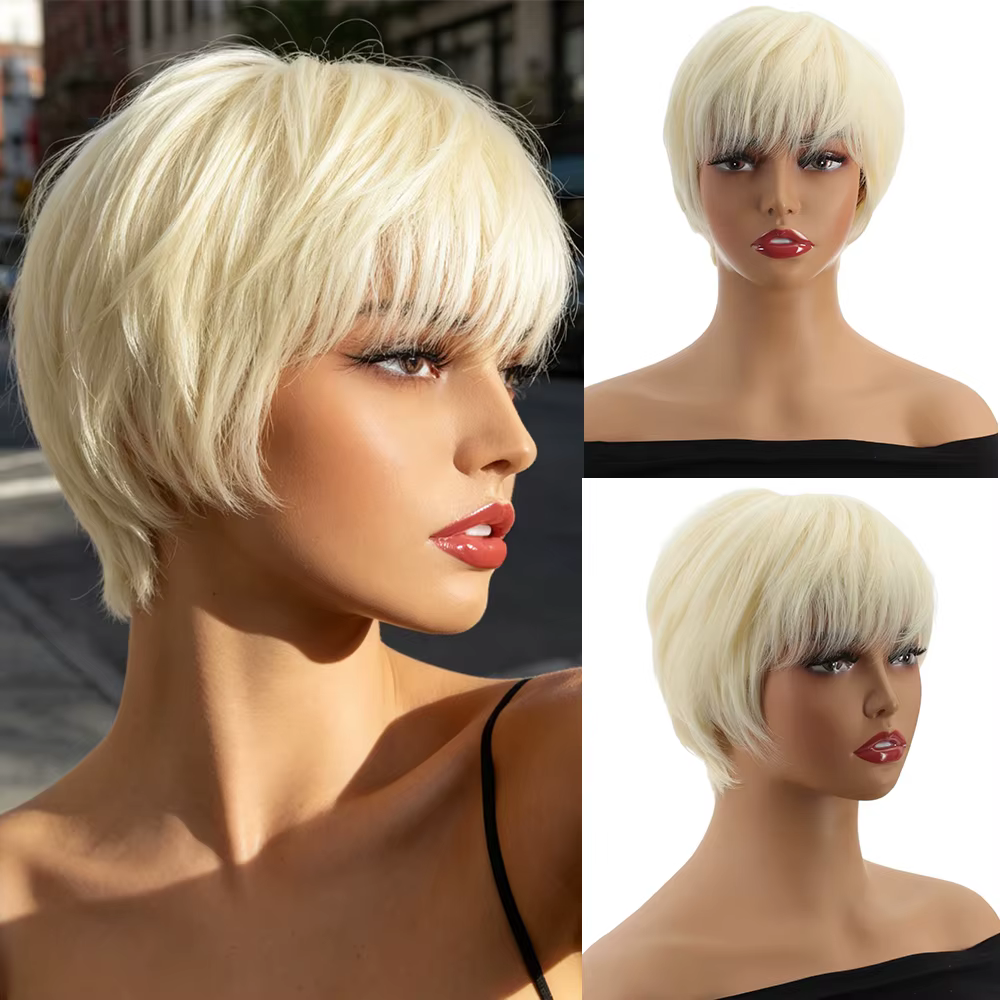 Perruque synthétique courte blond clair de 8 pouces pour femme, aspect naturel, fibre résistante à l