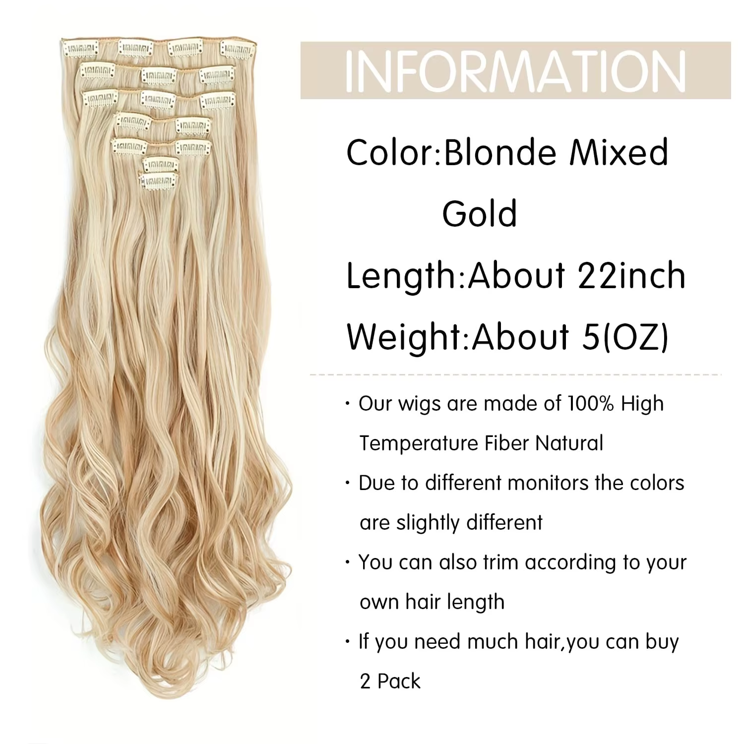 Extensions capillaires synthétiques à clips, 7 pièces, tête complète de 22 pouces, longues, bouclées