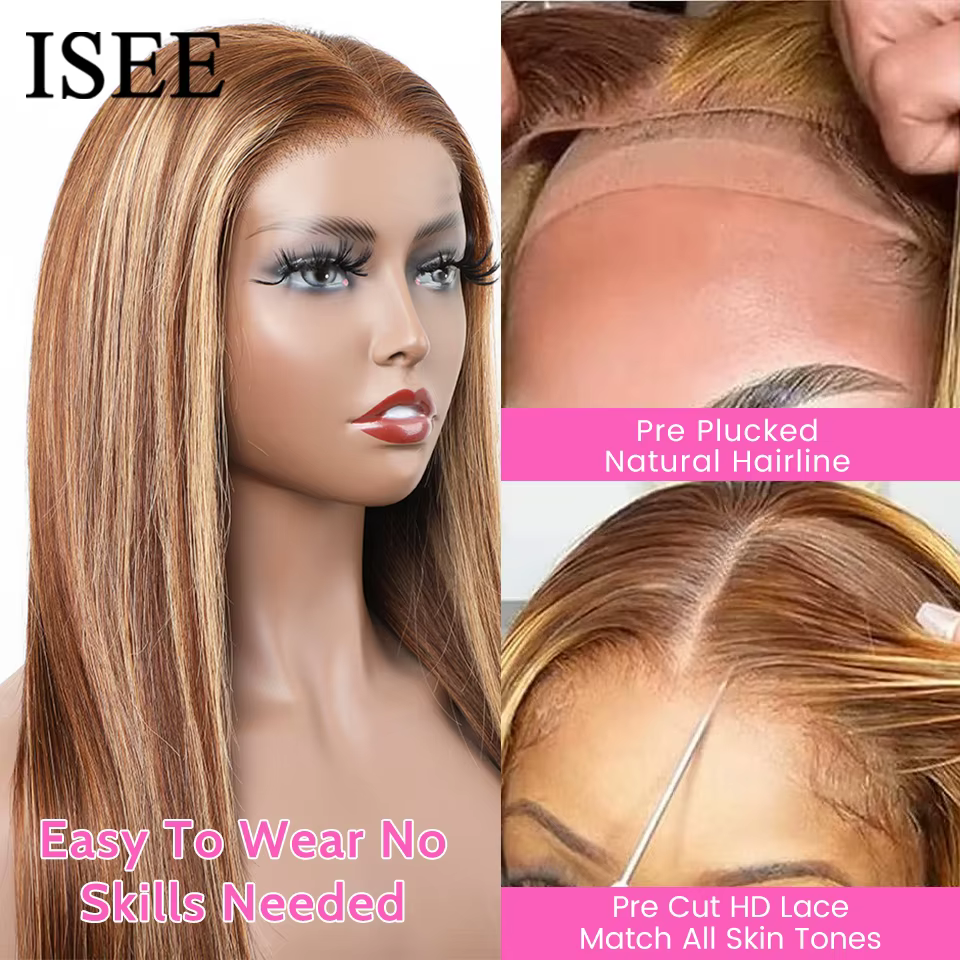 Wear And Go cheveux humains sans colle ISEE perruque brésilienne droite à reflets 6x4 HD dentelle sa