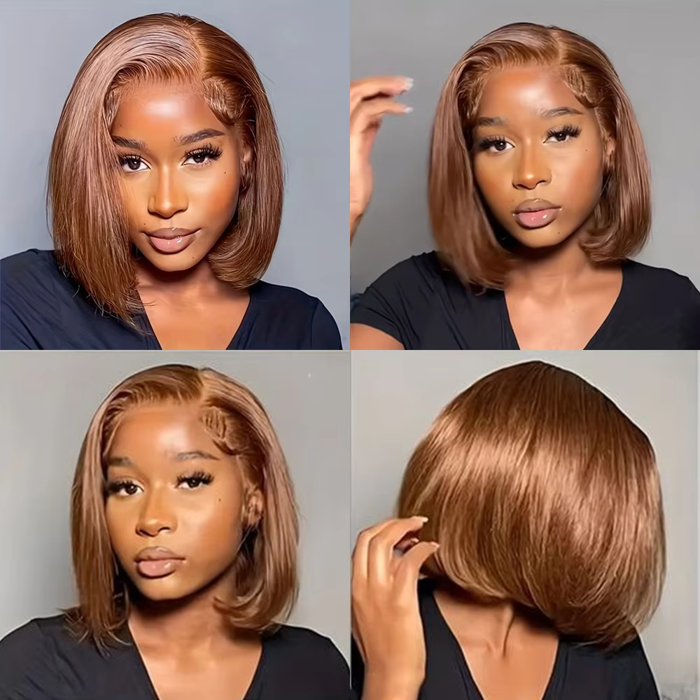 Perruque Bob Sans Colle Marron Chocolat Perruque Couleur 4# Bob 4x4 Perruques Cheveux Humains Sans C