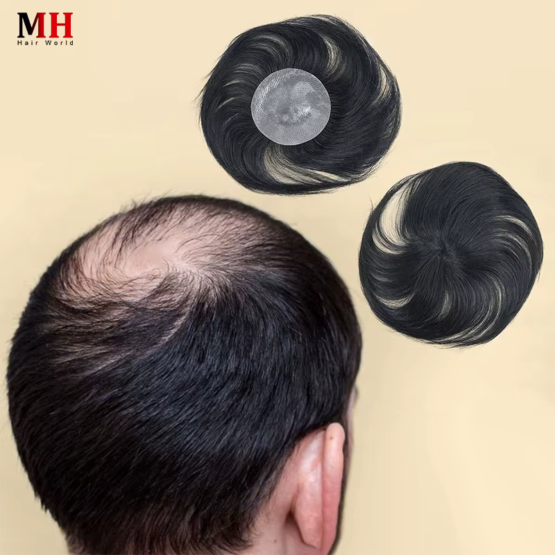 Postiches humaines noires naturelles pour hommes, toupet de cheveux Vertex pour hommes, Base en PU e
