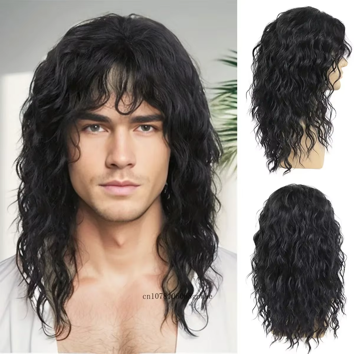 Perruques noires pour hommes, cheveux synthétiques longs ondulés et bouclés, perruque épaisse et moe