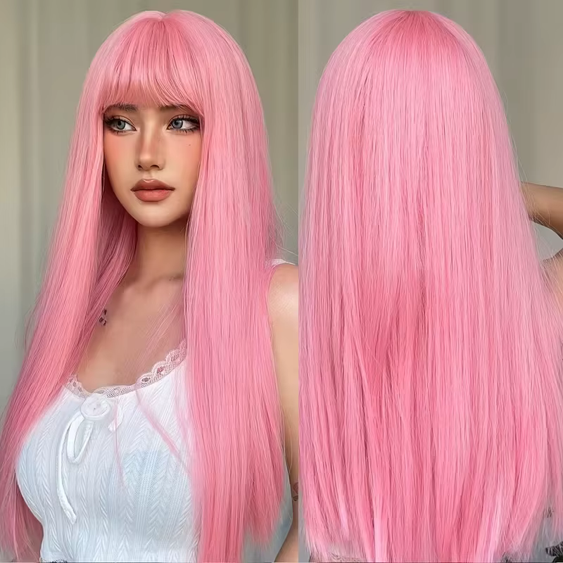 Perruque synthétique rose longue et droite pour Halloween, cosplay, jeux de rôle et fêtes quotidienn