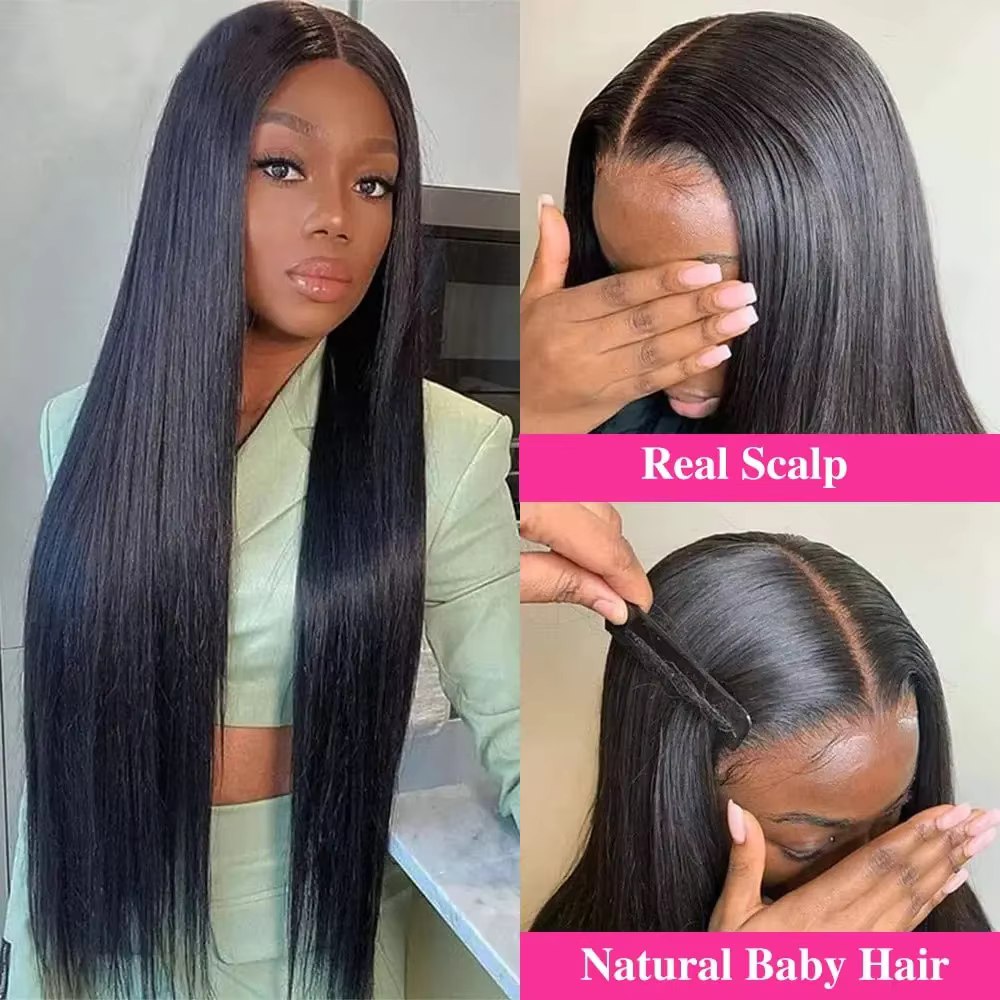 Perruques en cheveux humains lisses couleur naturelle sans colle en forme de V, cheveux Remy brésili