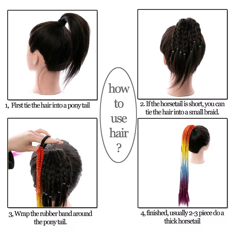 24Inch Synthetic Gradient  Colored Braided Ponytail Hair Extension Elastic Rubber Band Braiding Pony