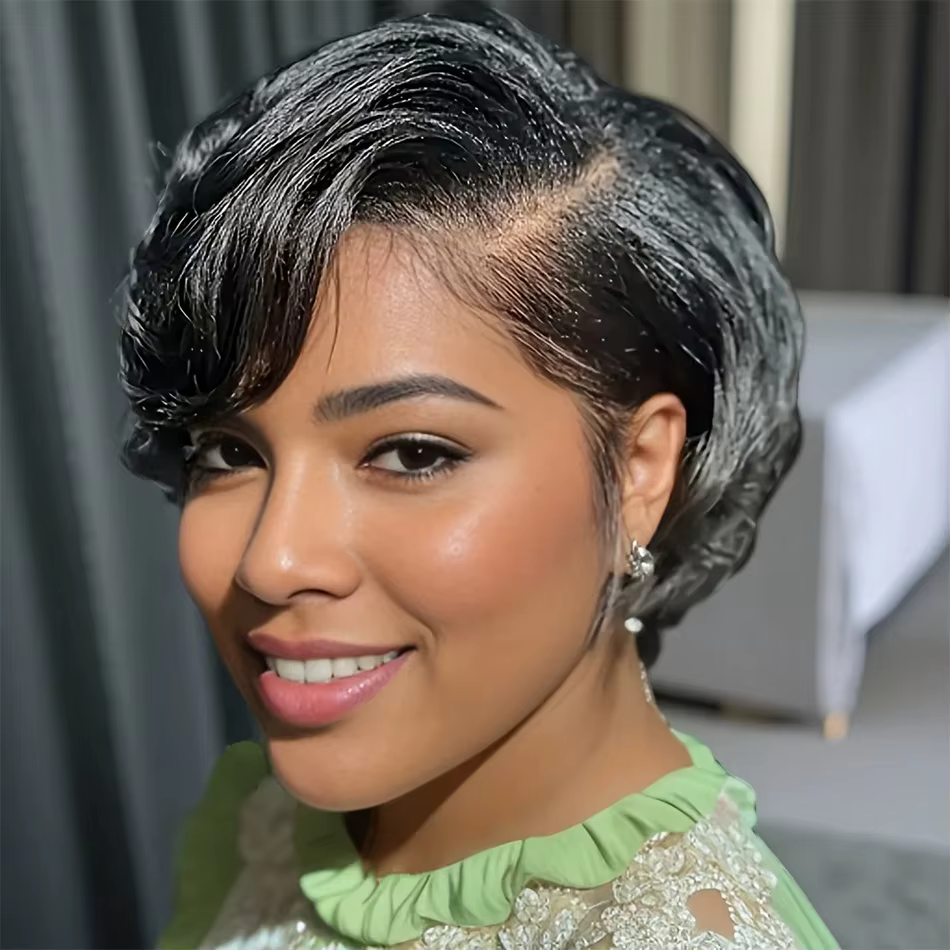Perruque Pixie Cut 13x4 en dentelle transparente, cheveux humains, pour femme, courte et droite, den