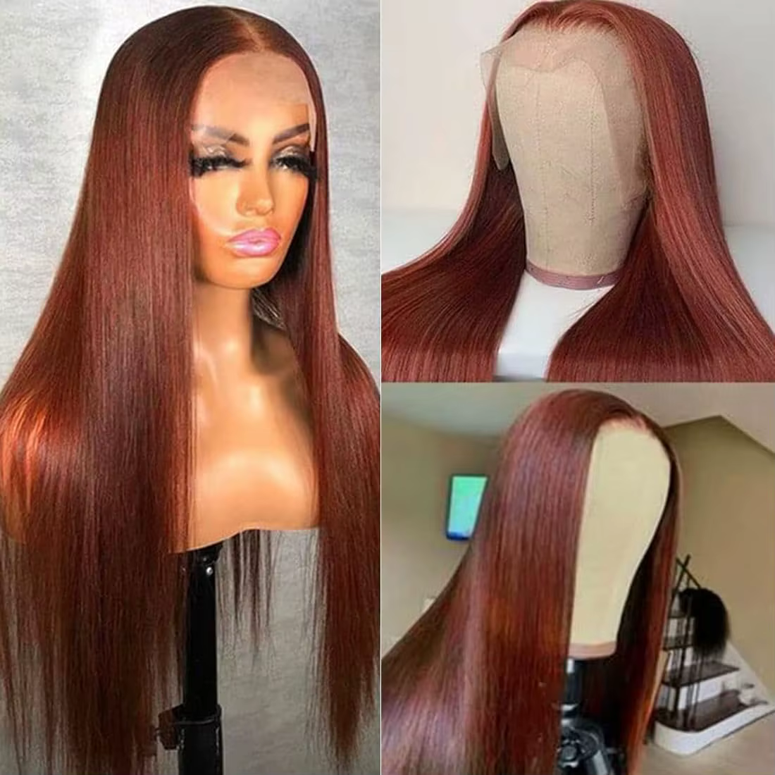 Perruque Lace Front Brésilienne Naturelle Cheveux Lisses, Brun Rousse, 13x4, 13x6, HD, 5x5, Pre-Pluc