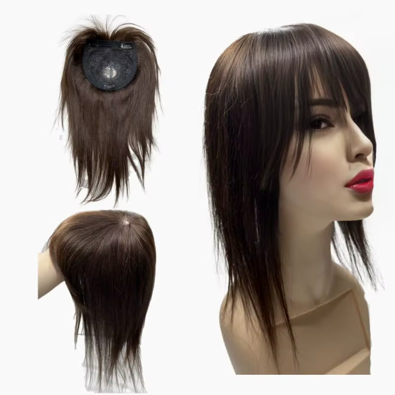 Toppers de cheveux humains épais pour femmes avec frange de poupée longue 45 cm 60g couverture de po