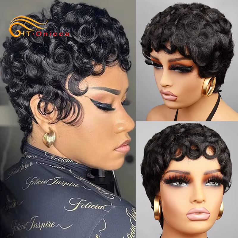 Perruques de cheveux 100% naturels bouclés, cheveux brésiliens Remy, coupe Pixie, cheveux humains po