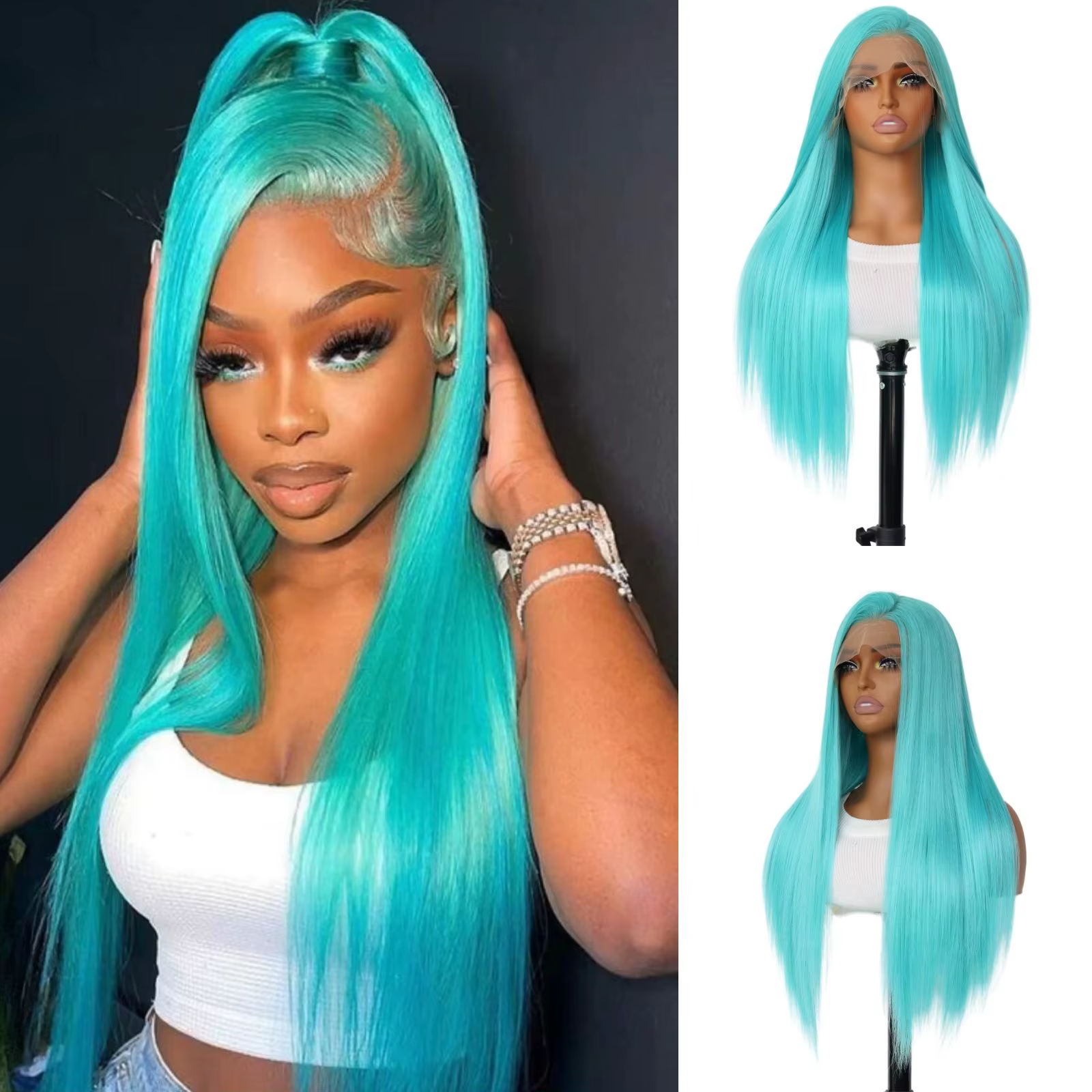 Perruque Lace Front Wig synthétique de couleur bleu menthe, cheveux longs et lisses de 24 pouces pou