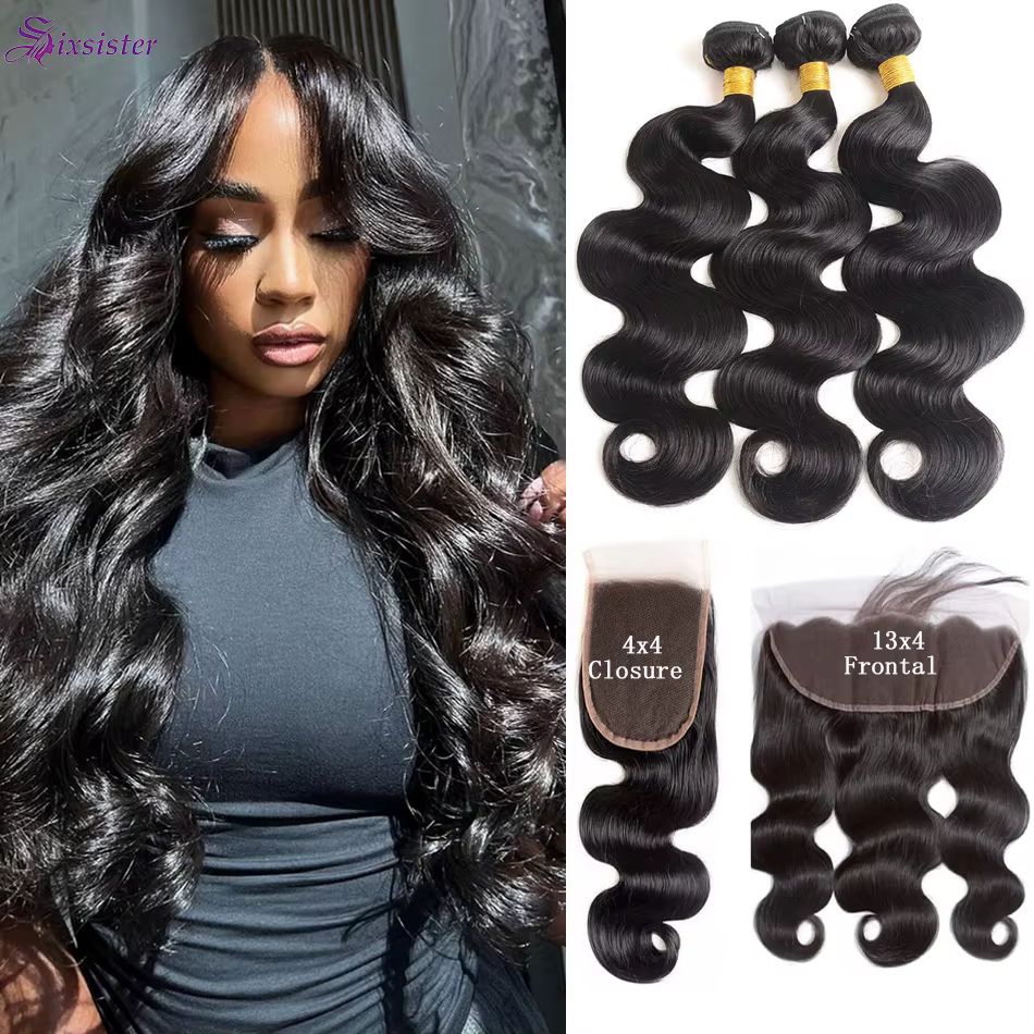 Extensions de cheveux brésiliens ondulés avec frontal en dentelle 13x4, 100% cheveux vierges, 3 paqu