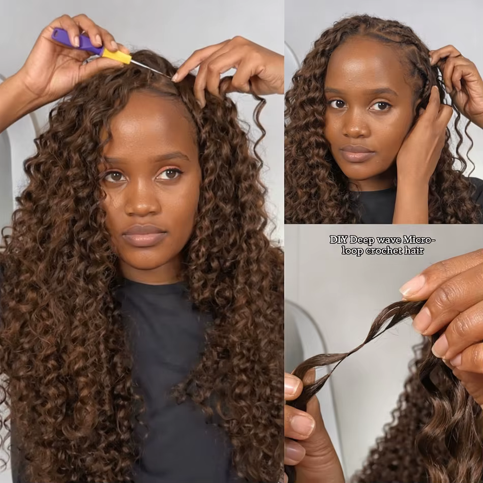 Extensions de cheveux au Crochet brun vague profonde vague d'eau plume Crochet cheveux humains coule