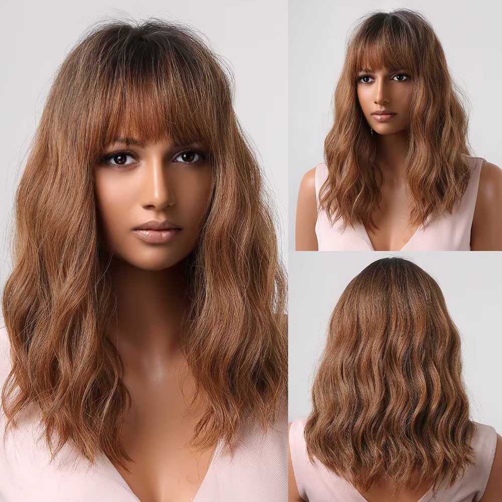 JONRENAU – perruque synthétique mi-longue lisse avec frange, perruque ombrée brune à Blonde, racines