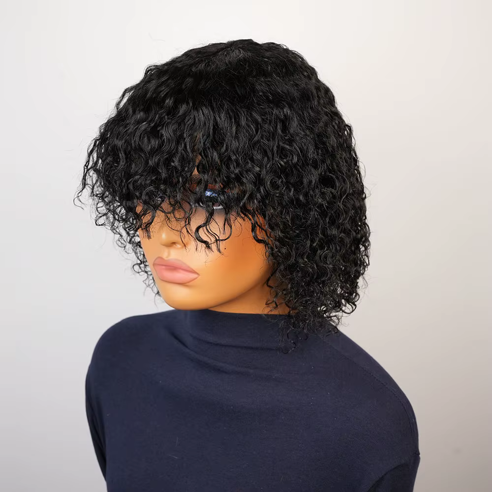Perruque de cheveux humains crépus bouclés avec frange pour femmes noir 99J bordeaux sans colle cour