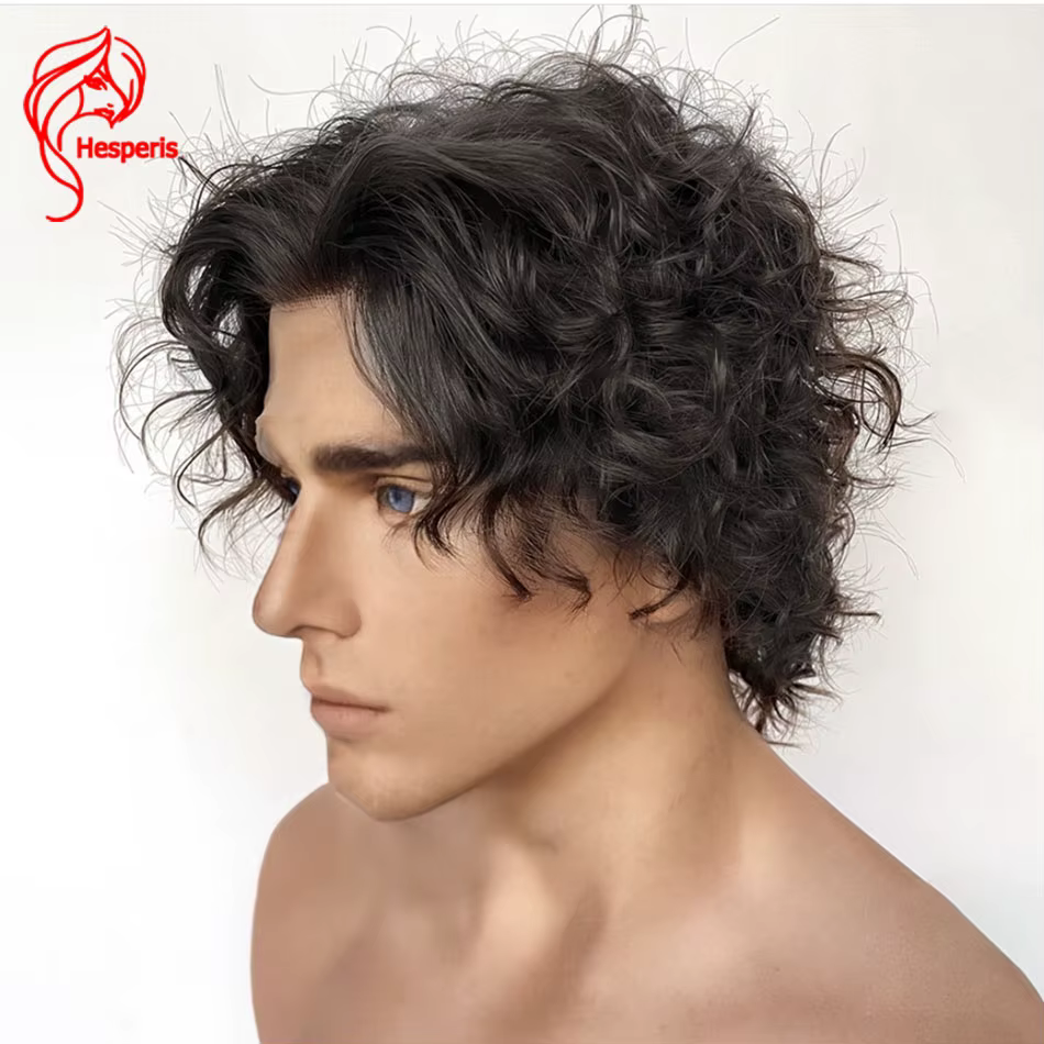 Perruques Hesperis 13X6 Lace Front Brun Foncé pour Hommes, 100% Cheveux Humains, Courtes, Bouclées,