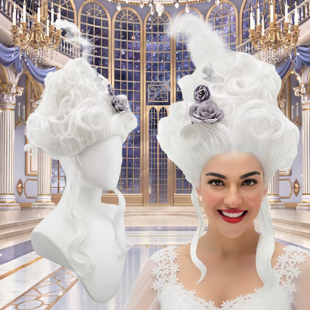 Perruque synthétique rose moelleuse de haute qualité | Coiffure de la reine avec des fleurs de plu