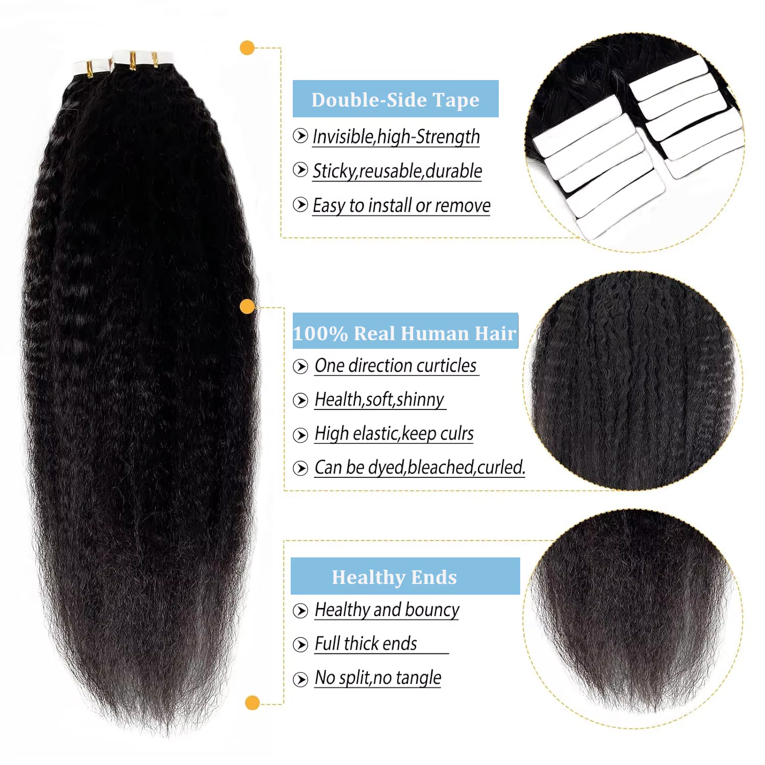 Extensions de cheveux brésiliens 100% naturels bouclés, cheveux crépus lisses, 22 24 pouces, noir na