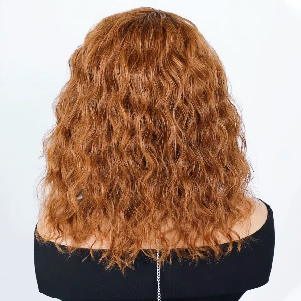 Perruque courte bouclée avec frange, style bob, en cheveux humains, avec raie latérale, pré-épilée, 