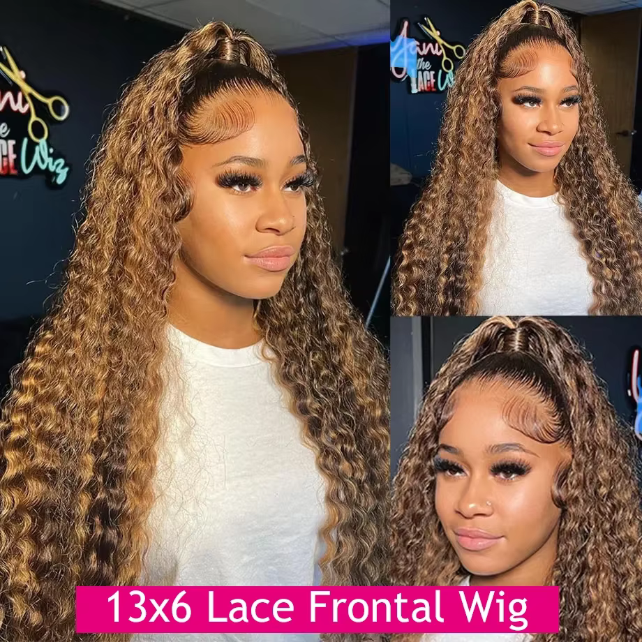 Perruque Lace Frontale en Cheveux Humains Ondulés Ombrés 250 Densité 30 Pouces, Effet Deep Wave, Den
