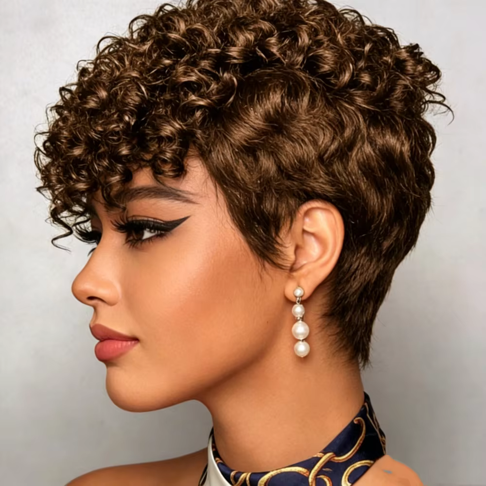 Perruques courtes bouclées de style pixie avec frange, cheveux humains, entièrement fabriquées à la 