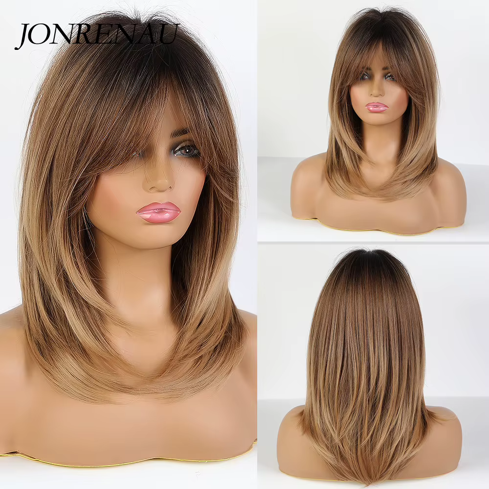JONRENAU cheveux longs raides avec frange Ombre noir foncé brun à blond perruques synthétiques pour 