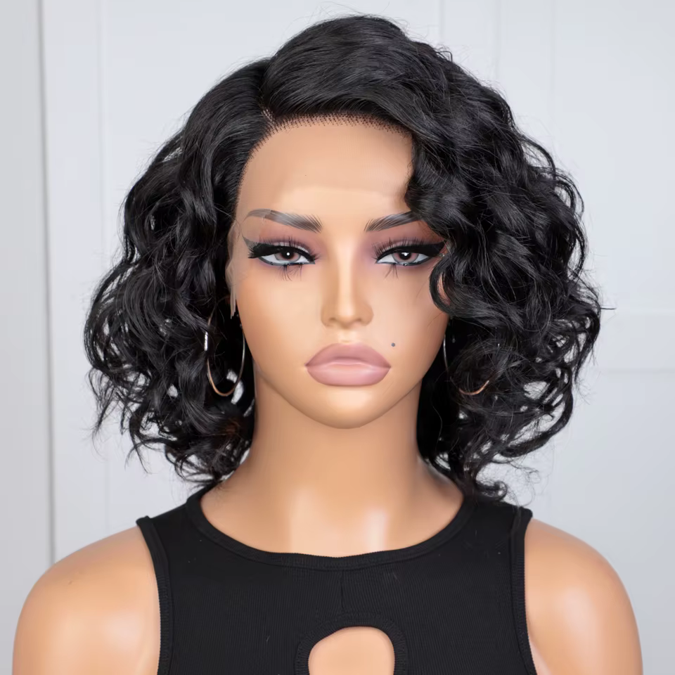 Perruques Lekker Ginger 100% Cheveux Humains, Coupe Pixie Longue Ondulée Bob, Lace Front 13x1 avec R