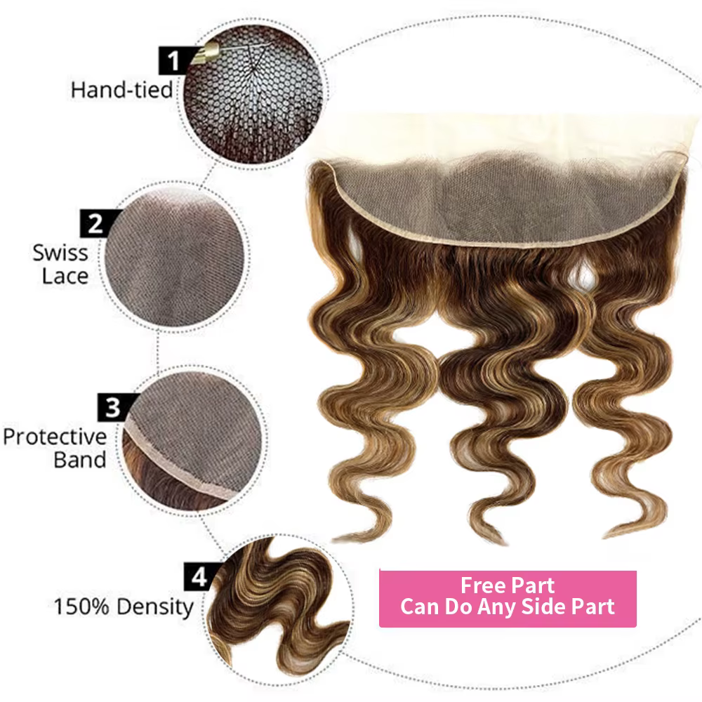 Mèches naturelles Body Wave à reflets, avec Lace Frontal 13x4, blond miel, Extensions de cheveux ave