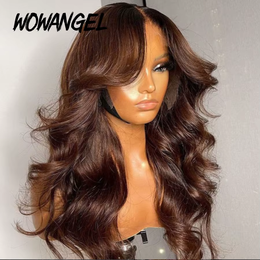 Perruque Lace Frontal wig transparente, cheveux ondulés, 30 pouces, 13x4 HD, brun, couleur chocolat,