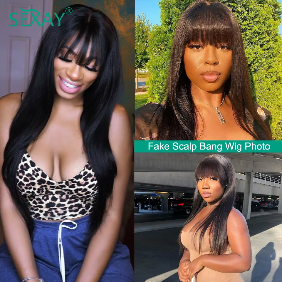 Sexay cuir chevelu Bang perruque de cheveux humains brut indien droit cheveux humains frange perruqu