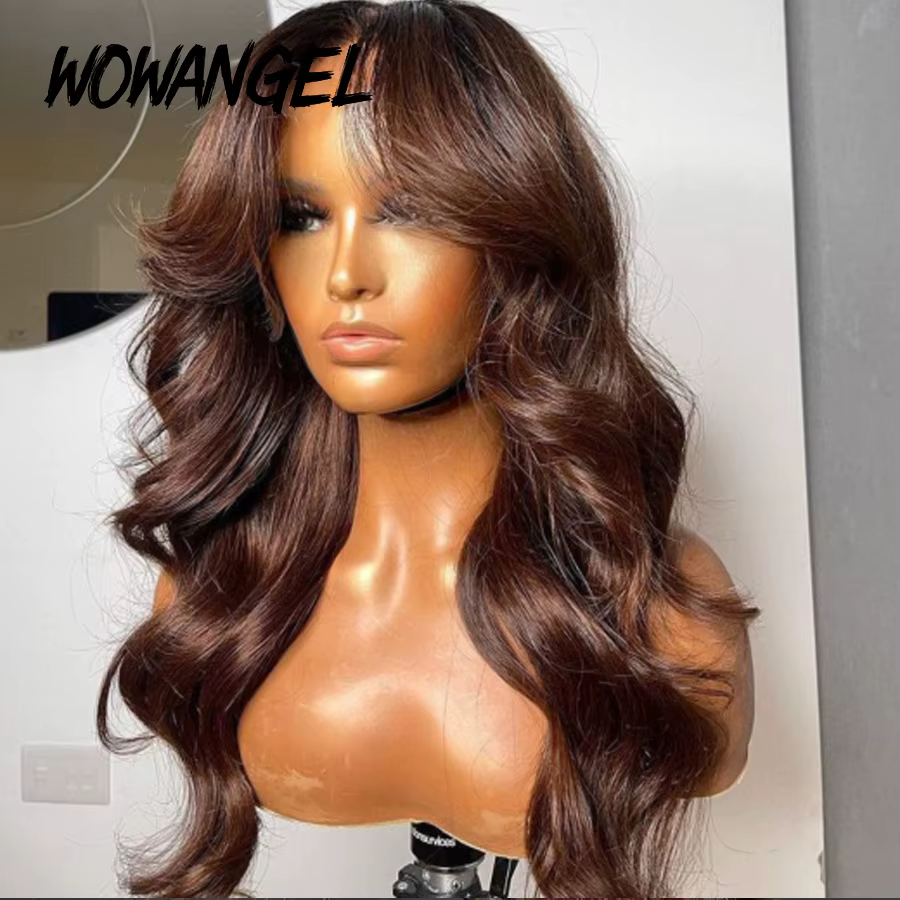 Perruque Lace Frontal wig transparente, cheveux ondulés, 30 pouces, 13x4 HD, brun, couleur chocolat,