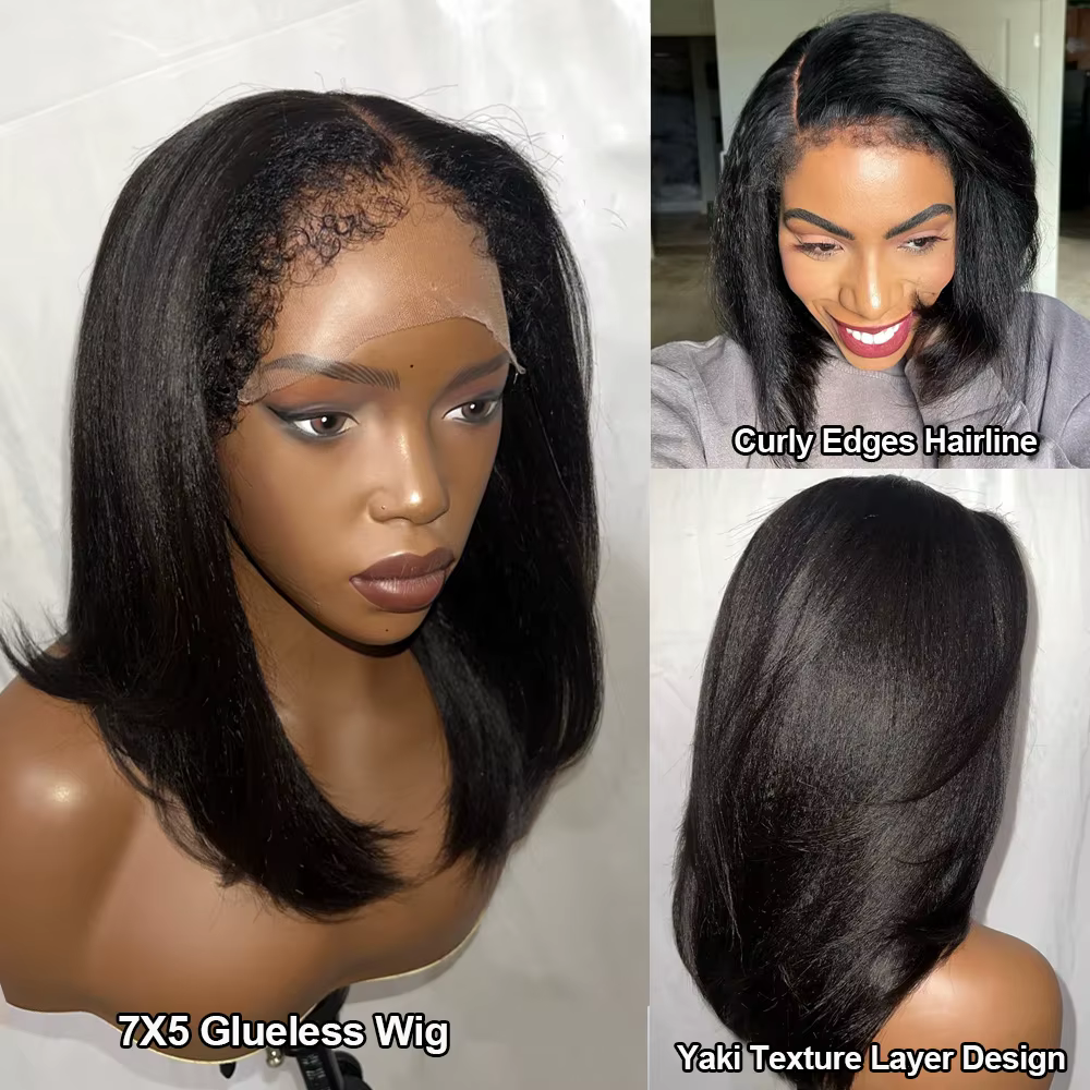 Perruques Yaki légères sans colle cheveux humains Wear And Go 7x5