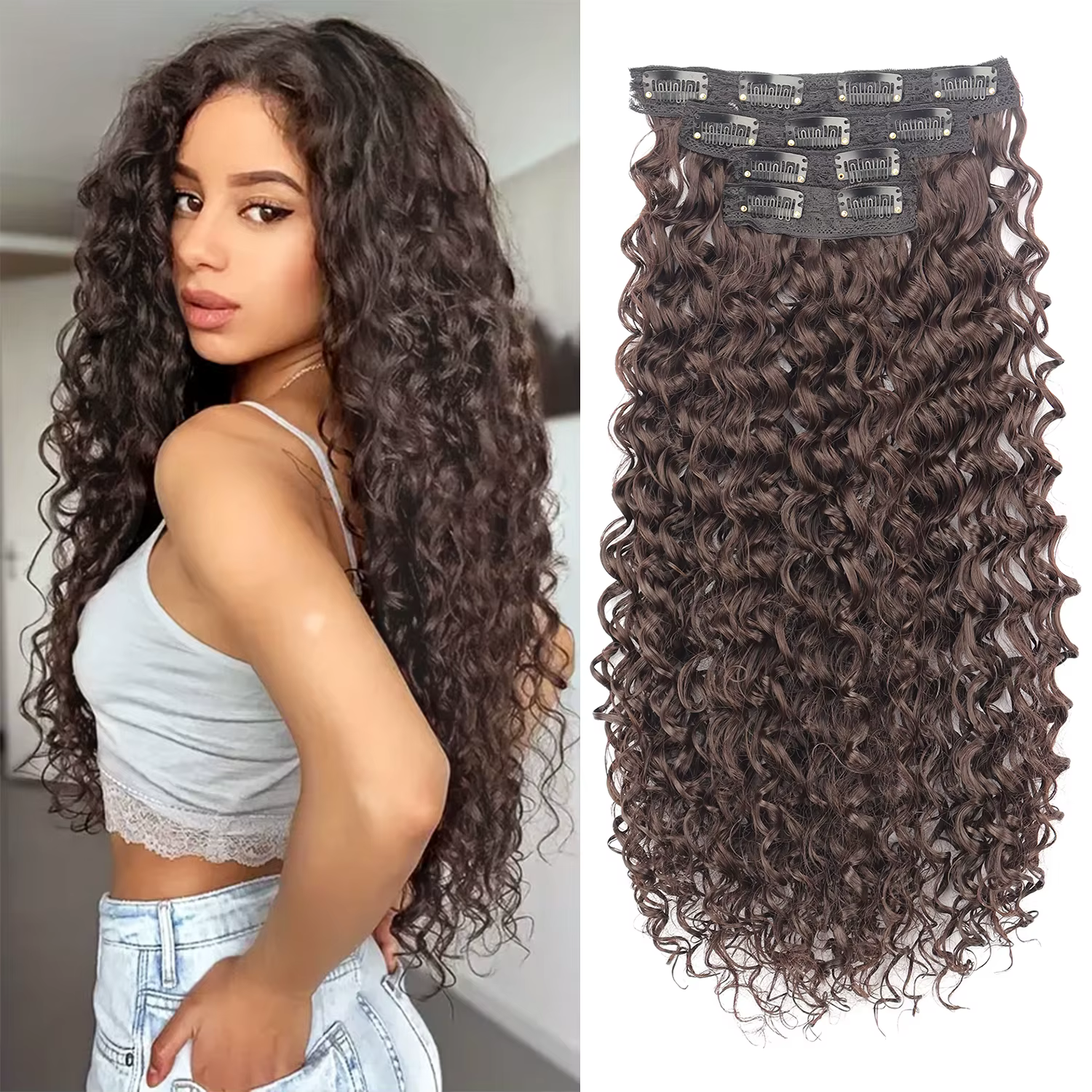 Extensions de cheveux synthétiques crépus bouclés à clipser pour femmes
