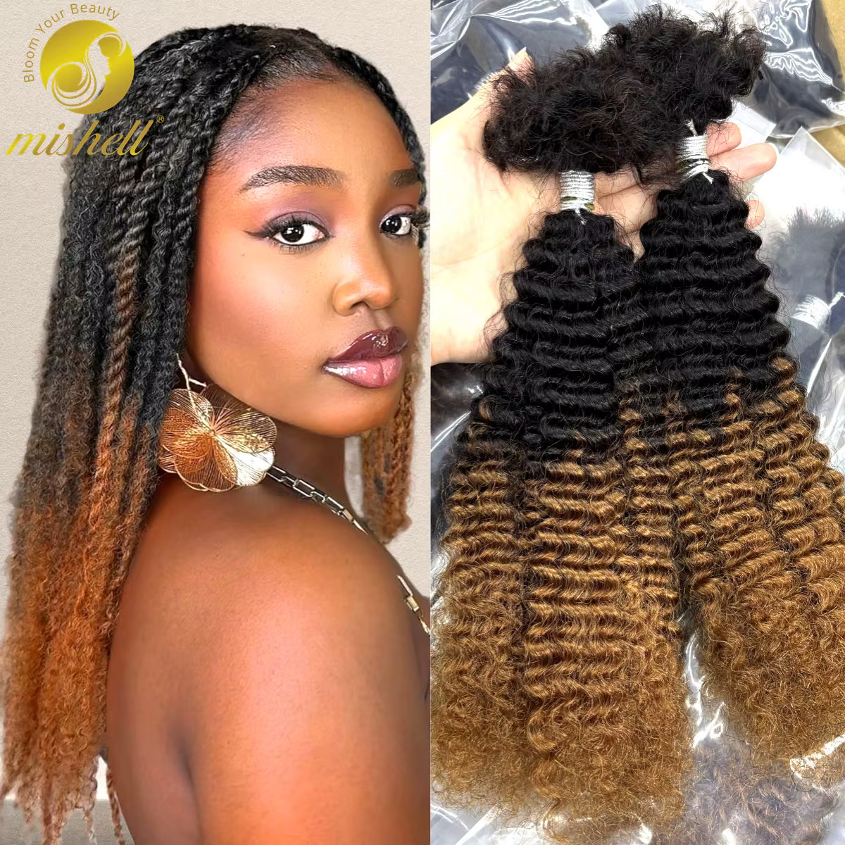 1BT30 # Extensions de cheveux humains bouclés afro ombrés en vrac sans trame