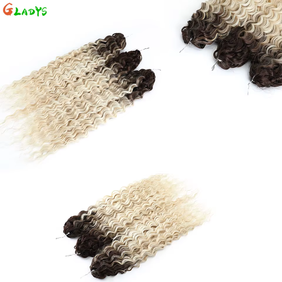 Extensions de cheveux synthétiques Ariel Ombre Blonde Deep Wave Braids, 300g/3 pièces, 24 pouces (60cm), Ombre Brown, cheveux bouclés torsadés au crochet