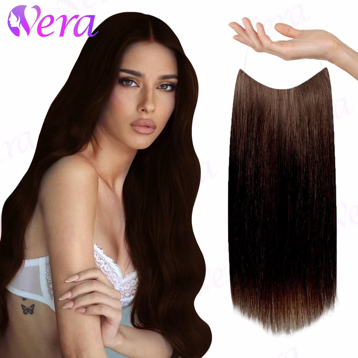 Extensions de Cheveux Humains Longs Bruns Foncés à réinitialisation