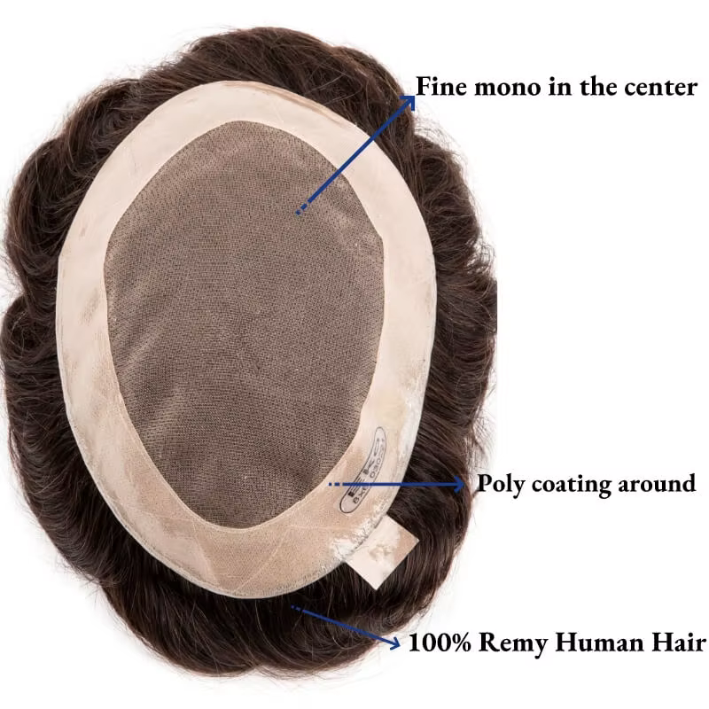 Hommes perruque naturel cheveux humains toupet Mono mâle