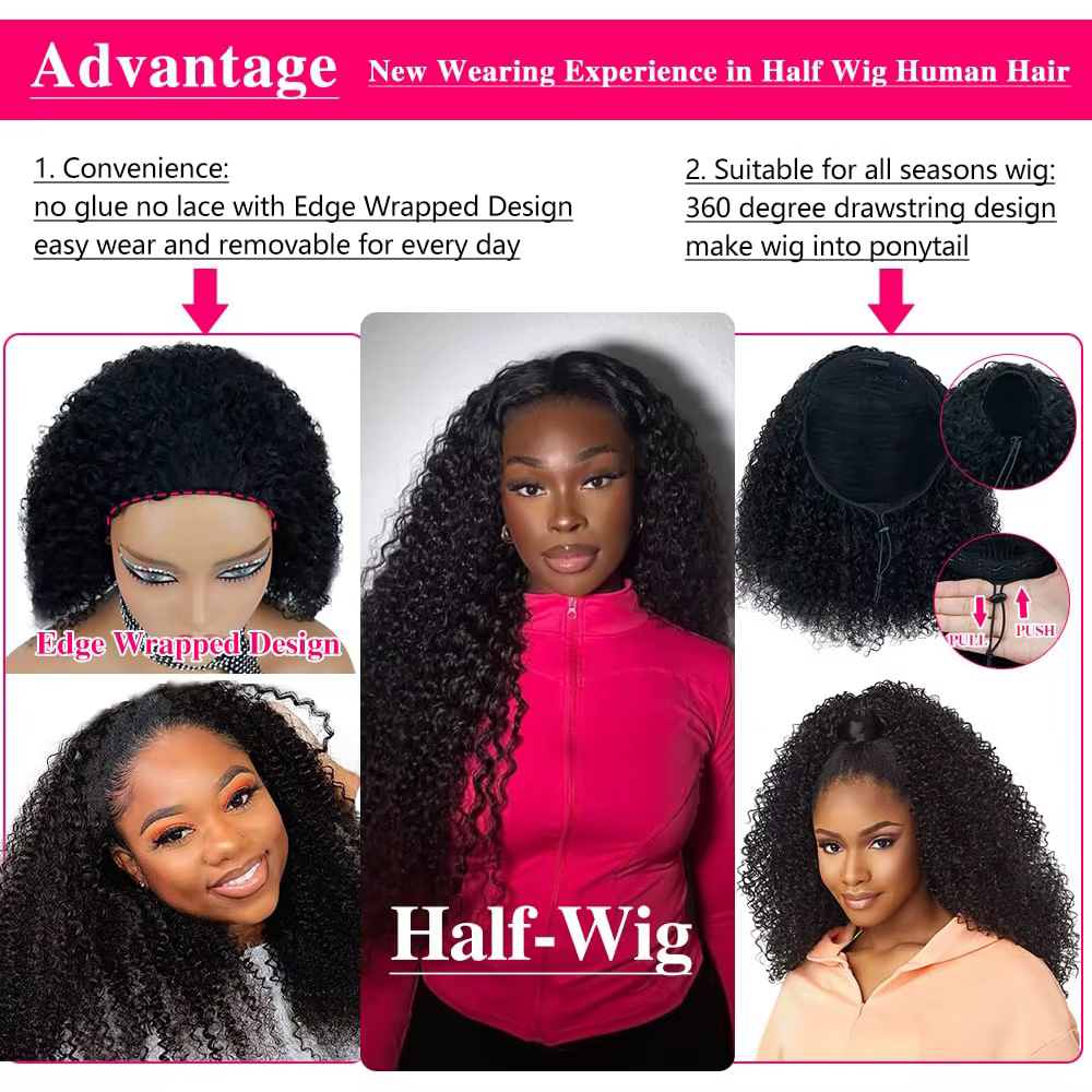 Demi-perruque cheveux humains crépus bouclés sans colle perruque