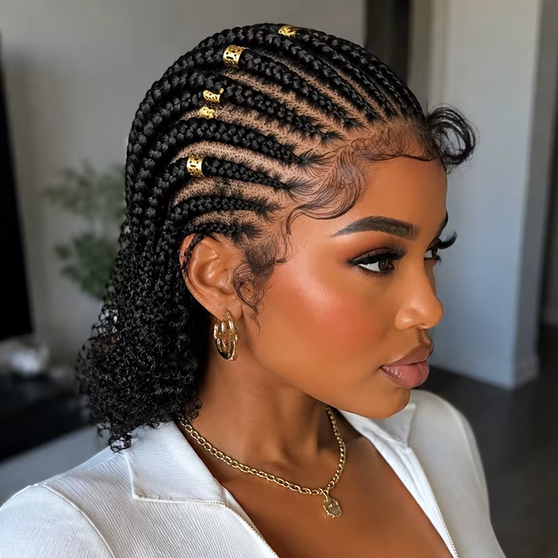 Perruque tressée de 8 pouces, cheveux courts tressés, perruque bob bohème, tresses box braids sans nœuds, tresses cornrows avec pointes bouclées, perruque tressée en dentelle pour femmes