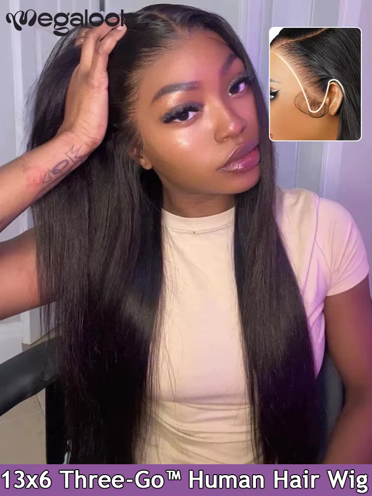 Megalook 13x6 perruque sans colle soyeuse droite avec cordon 100% perruques de cheveux humains dentelle frontale oreille