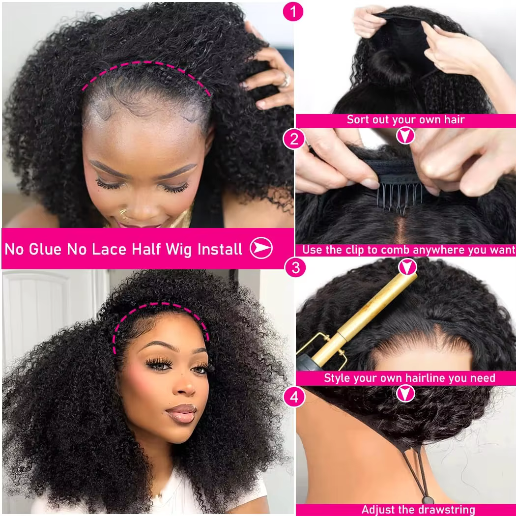 Perruque mi-tête bouclée crépue en cheveux humains