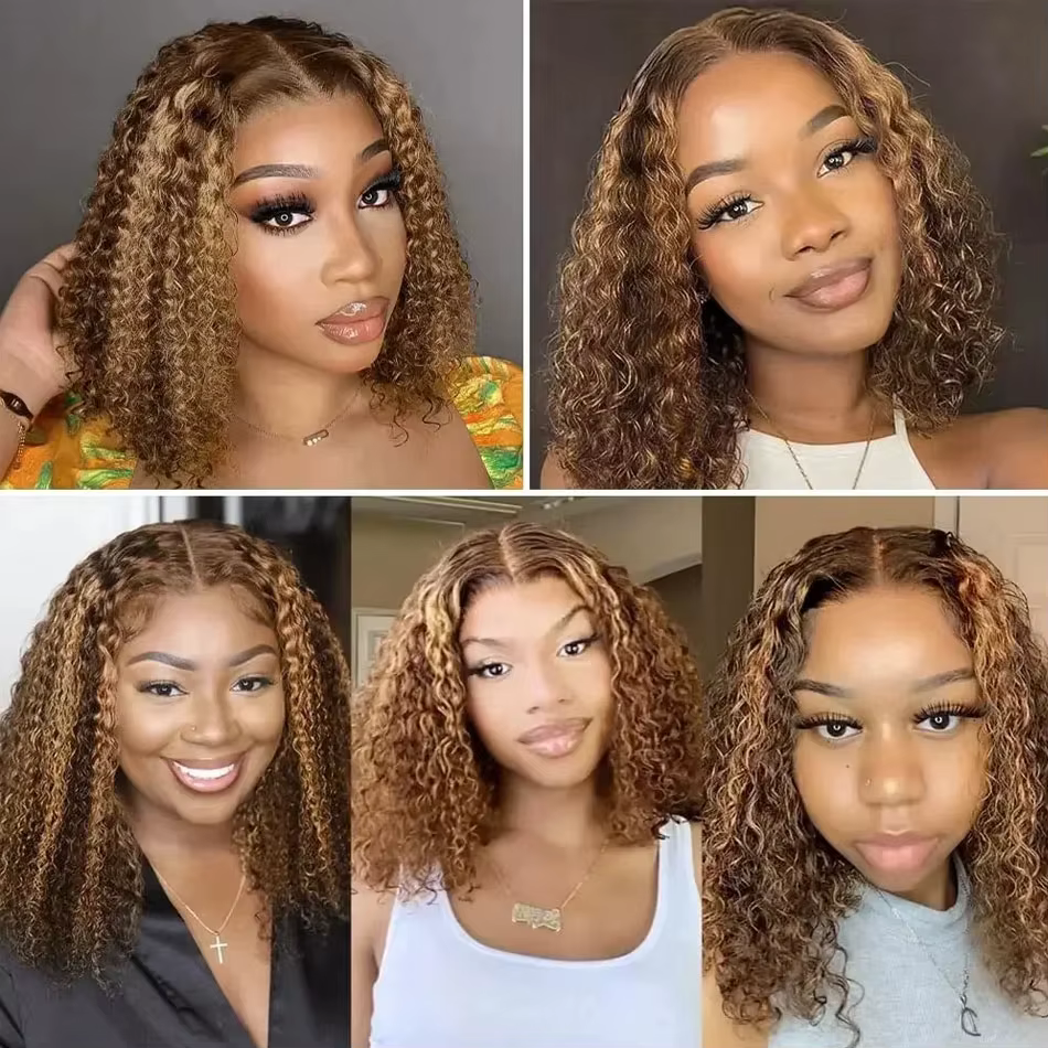 Perruque courte bouclée bob avec mèches blond miel 4/27