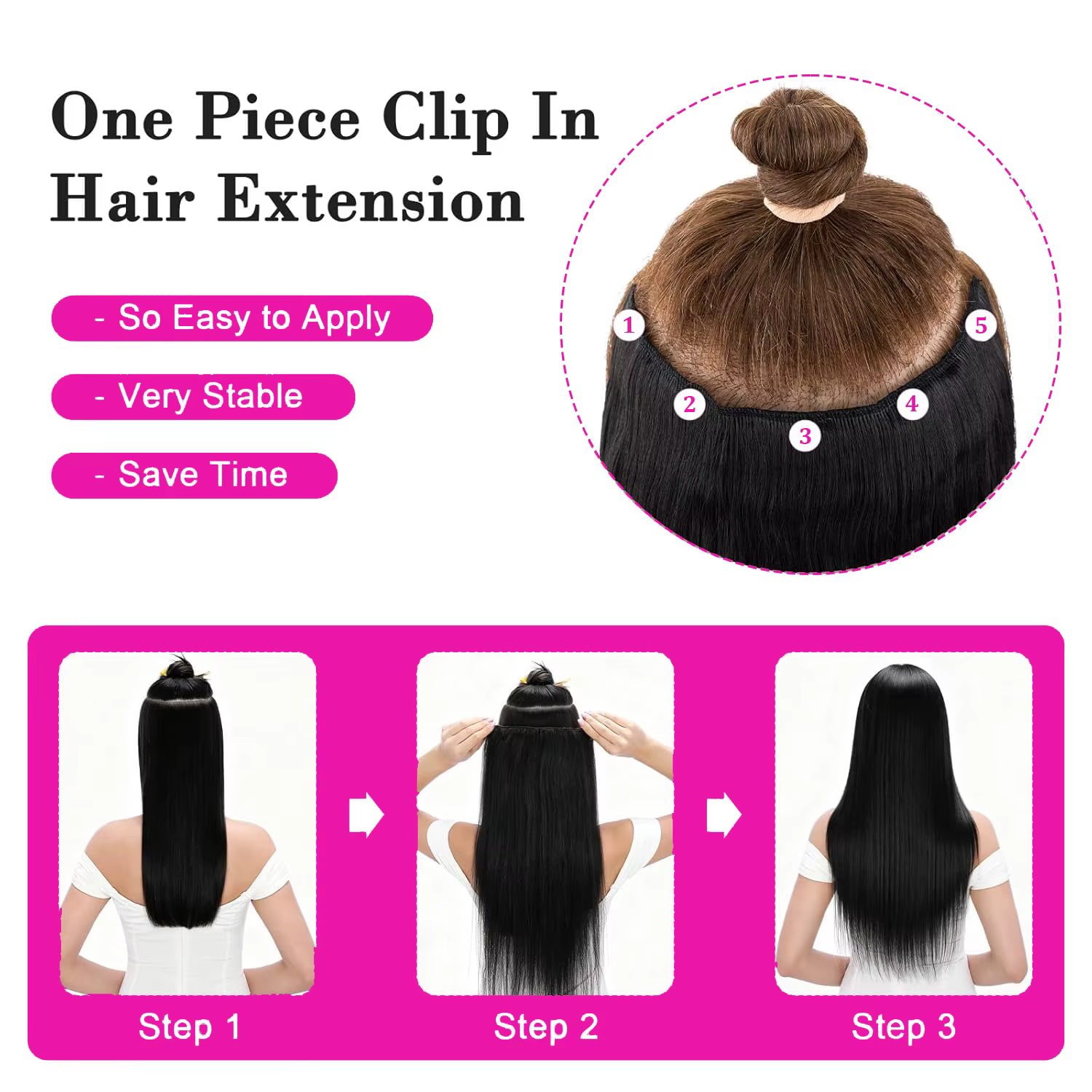 Extensions de cheveux naturels à clipser avec 5 clips dans une seule pièce