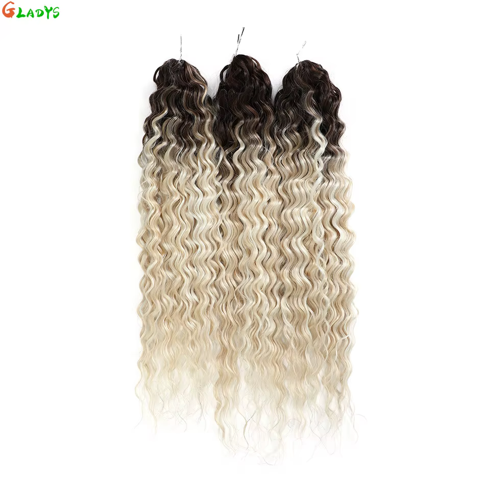 Extensions de cheveux synthétiques Ariel Ombre Blonde Deep Wave Braids, 300g/3 pièces, 24 pouces (60cm), Ombre Brown, cheveux bouclés torsadés au crochet