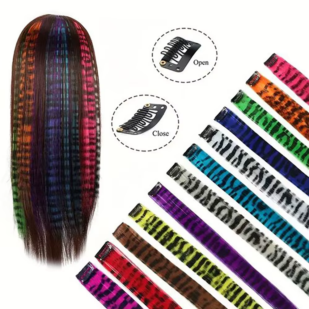 Extensions de cheveux synthétiques colorées à rayures imprimées