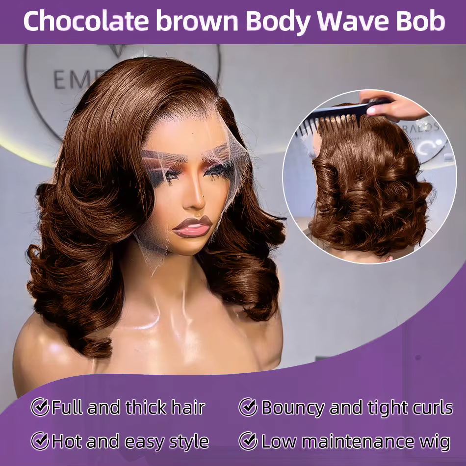 Perruque Bob Courte Ondulée en Cheveux Humains Châtain Chocolat
