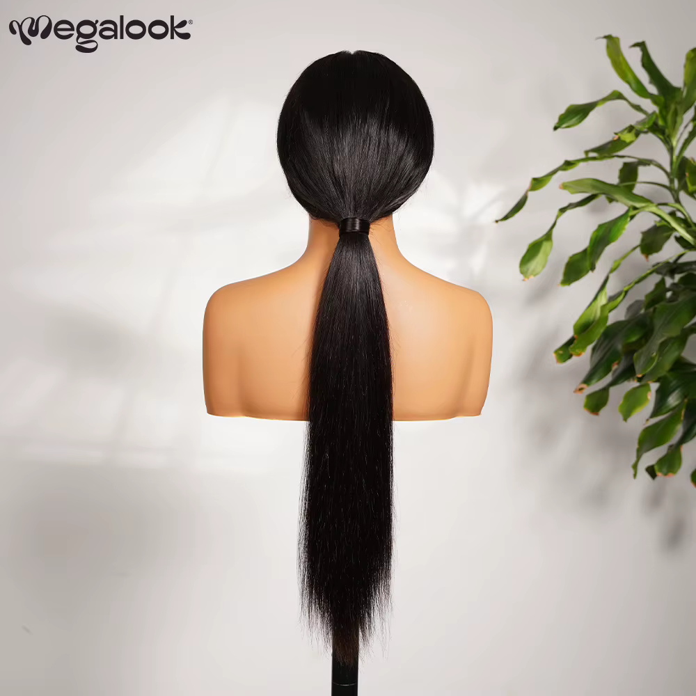 Megalook 13x6 perruque sans colle soyeuse droite avec cordon 100% perruques de cheveux humains dentelle frontale oreille