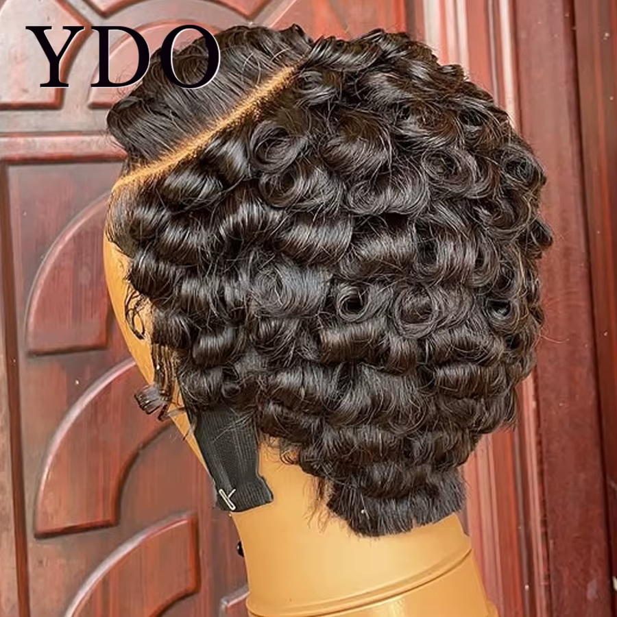 Perruque courte coupe pixie 13x4 en dentelle frontale complète, perruque en cheveux humains bouclés courts ondulés, pré-plumée, pour femmes, sans colle, prête à porter