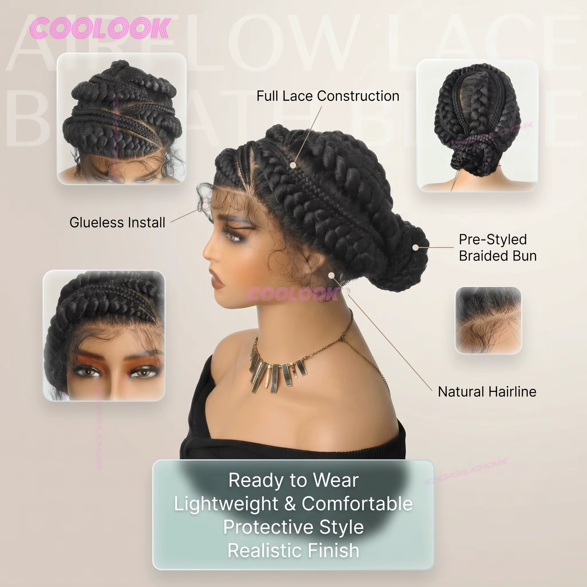 Perruque tressée sans colle avec chignon cornrow
