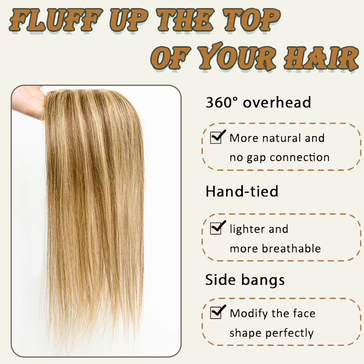 Topper en cheveux naturels pour femme : postiche élégant, facile à porter, volume et longueur instantanés