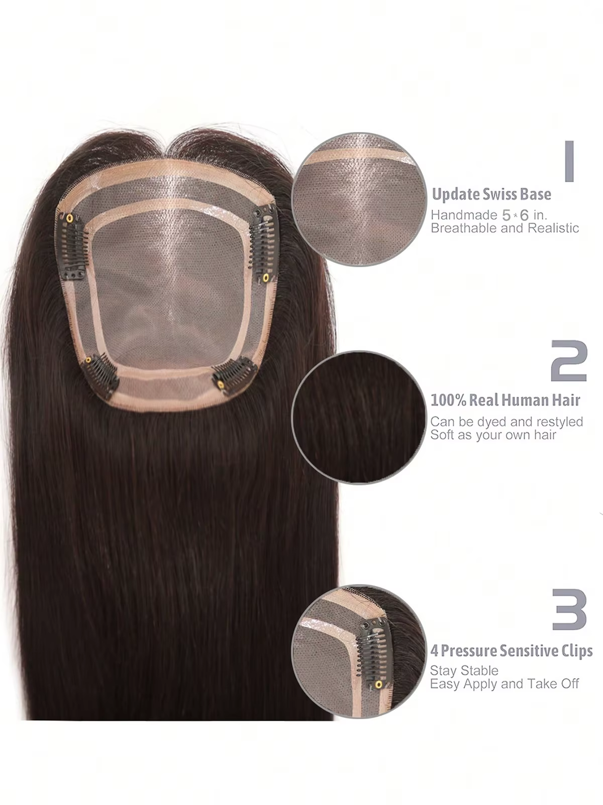 100% vrais cheveux humains Toppers pour femmes pince dans les postiches respirant 5 "x 6" grande Base Mono pour couvrir